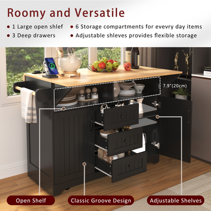 K&K 55.7'' Large Kitchen Island with 2 Drop Leaf, Rolling Kitchen Cart on 5 Wheels with Power Outlet – Black