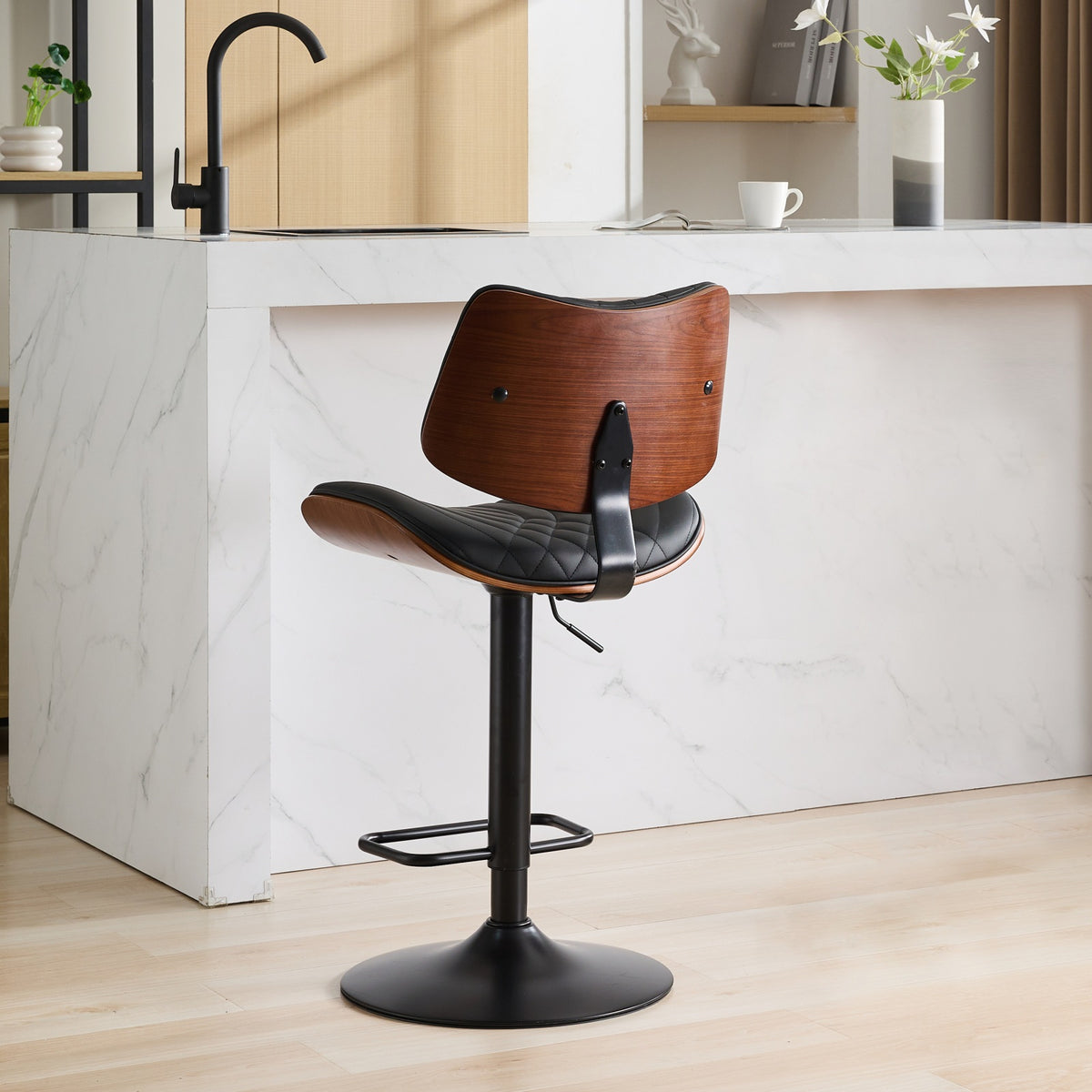 Walnut Bentwood Bar Stools Mid Century Modern Adjustable Counter Height Black Leather Upholstered 360°Swivel Bar Chairs for Kitchen – Model W1143P173514