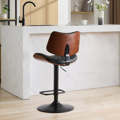 Walnut Bentwood Bar Stools Mid Century Modern Adjustable Counter Height Black Leather Upholstered 360°Swivel Bar Chairs for Kitchen – Model W1143P173514