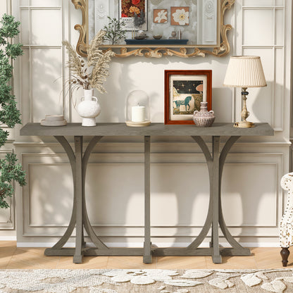 U-Style 59.8'' Wooden Console Table with Oak Veneer Top,Farmhouse Entryway Table with Rubber Wood Slender Curved Legs,Perfect for Living Room,Entryway,Hallway, Dining Spaces.