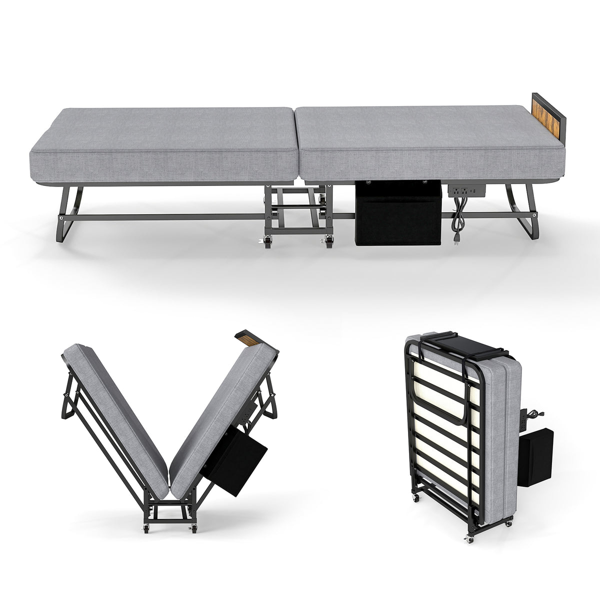 78"×31" Folding Bed with Headboard & USB Charging Station, 3" Memory Foam Rollaway Bed with Storage Pocket, Heavy-Duty Portable Guest Bed on Wheels, Ideal for Guests, Office Naps & Camping