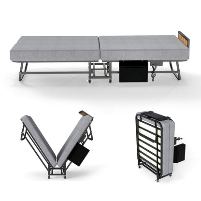 78"×31" Folding Bed with Headboard & USB Charging Station, 3" Memory Foam Rollaway Bed with Storage Pocket, Heavy-Duty Portable Guest Bed on Wheels, Ideal for Guests, Office Naps & Camping