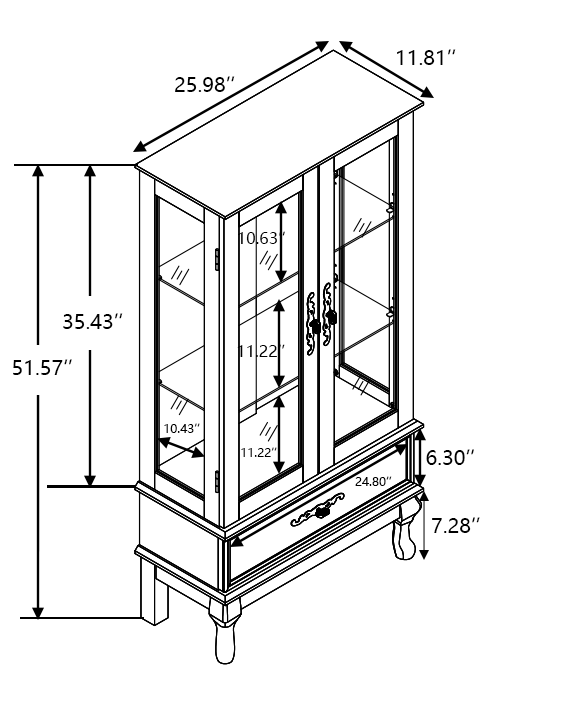 Curio Cabinet Lighted Glass Cabinet Glass Wine Cabinet Curio Display Cabinet with Adjustable Glass Shelves 2 Doors and 1 drawer Cabinet – Model W2275P199813