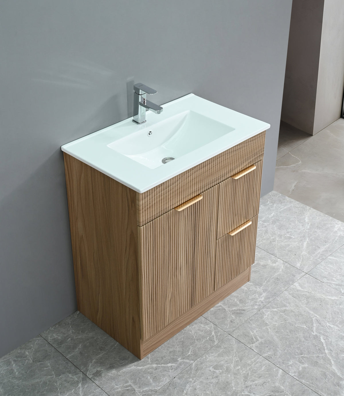 Goodyo 30" Mid-Century Modern Bathroom Vanity with White Ceramic Sink Combo Set, Freestanding Fluted MDF Cabinet with 1 Door and 2 Drawers, Gold Finish Handles, Natural Walnut Pattern