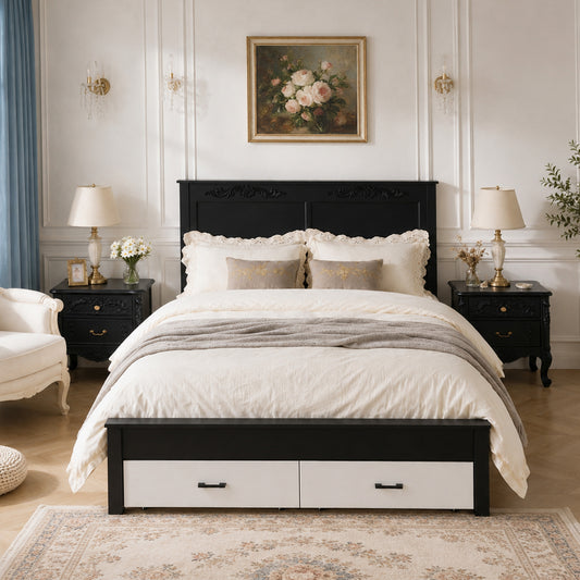 Queen size Rustic farmhouse-style furniture, sturdy frames, noise-free design, under-bed storage space, easy assembly, white + black.