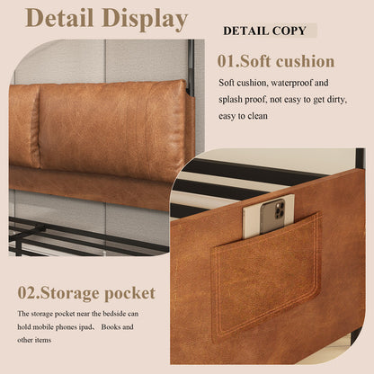 Queen Canopy Bed Frame,  Faux Leather Upholstered Bed with Metal Frame, Four Poster Platform Bed, No Box Spring Needed, Rustic Brown