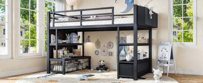 Twin Metal Low Loft Bed for Kids, Low Loft Bed with Storage Drawer, Low Loft Bed with Bookshelf & Storage Bag, Sturdy Low Loft bed Frame with Open Storage Space for Bedroom, Black