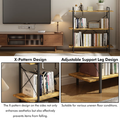3-Tier Bookshelf, Horizontal Bookcase with Open Storage Shelves, Rustic Industrial Plant Stand, Wood & Metal Shelf for Living Room, Bedroom & Home Office (Rustic Brown)