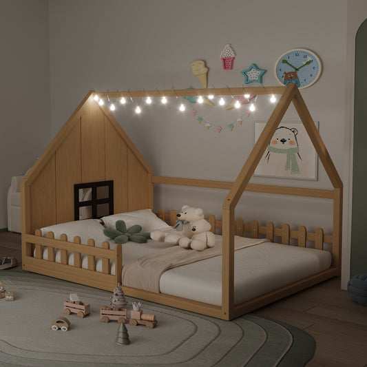 Full Size Wood House Bed with Window and Fence, Natural (Old SKU: WF304147AA)