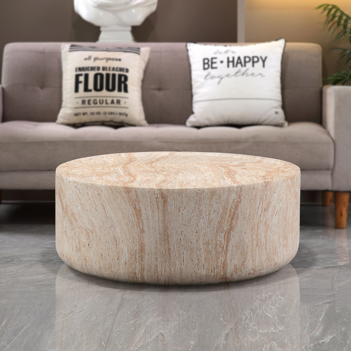 Round Cylinder Coffee Table, MgO Faux Travertine Low Profile Accent Coffee Table, Indoor & Outdoor Decorative Center Table for Living Room Patio, Dia 31.89" x H 12.01"