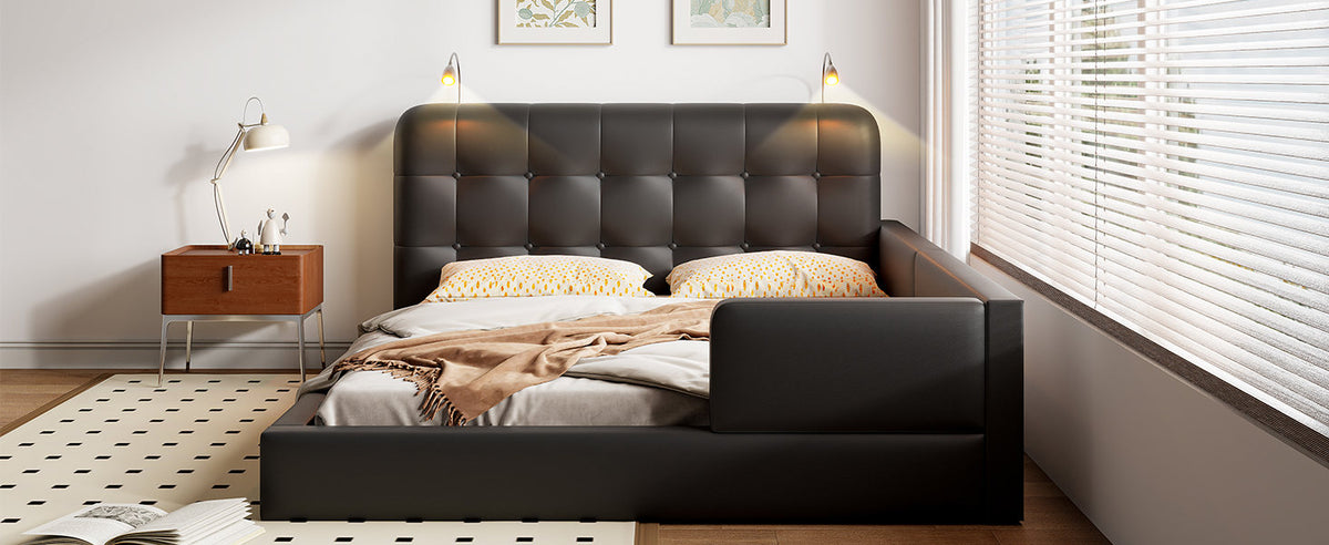 Queen Size Upholstered Platform Bed with 2 Reading Lights, Black