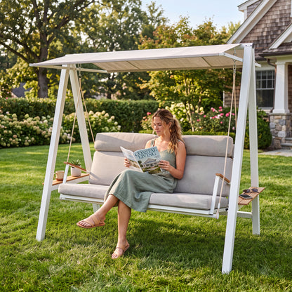 Outdoor Patio 3 seaters Metal Swing Chair Swing bed with Cushion and Adjustable Canopy Champagne Color