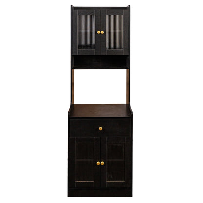 Black Kitchen Pantry Hutch Storage Cabinet, Farmhouse Kitchen Hutch Buffet Cabinet with Microwave Stand