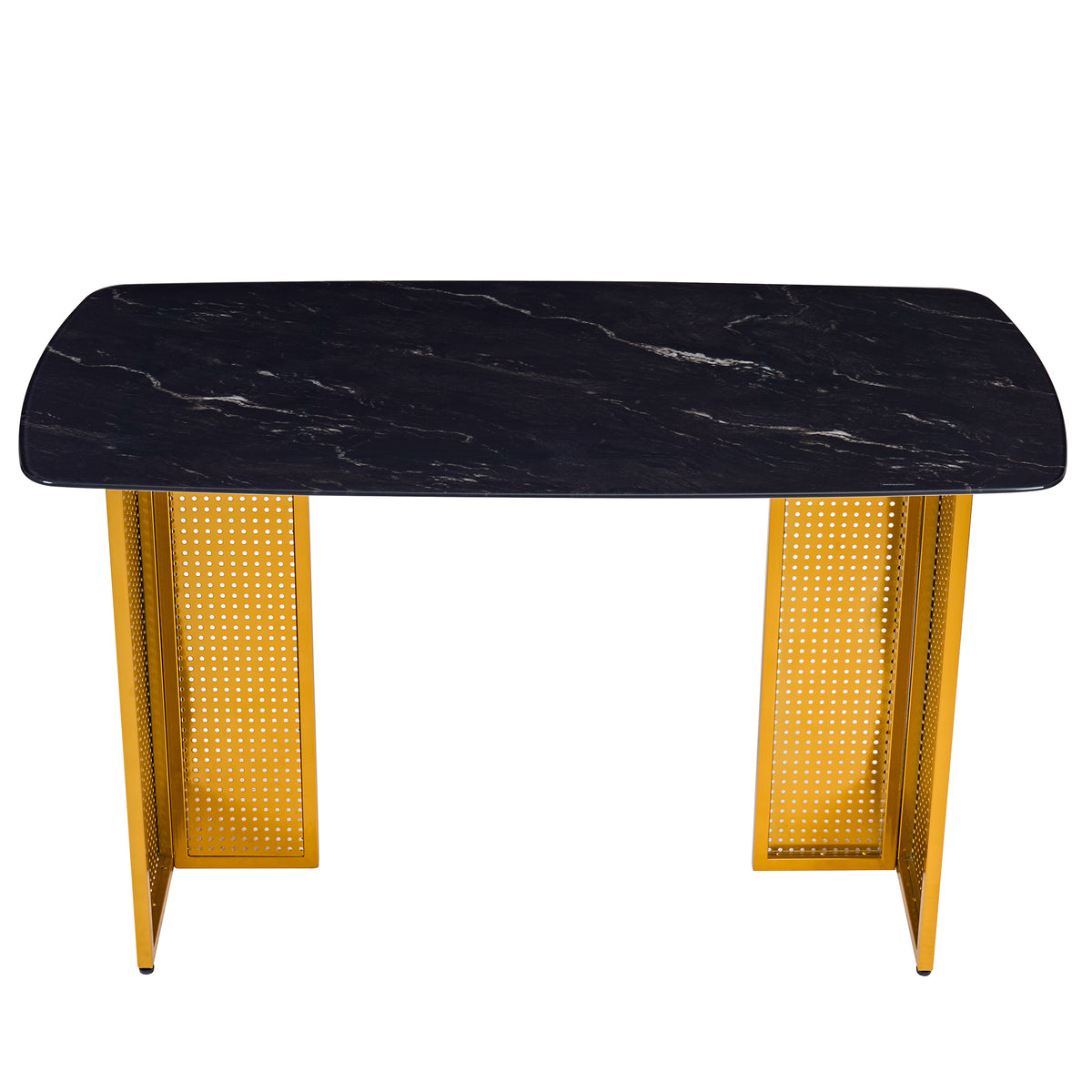 Modern-Style Rectangular Tempered Glass Dining Table for 6, Featuring a Marble-Patterned Design with Golden Hollow-Out Metal Legs, an Ideal Dining Table for Living Rooms and Home Offices.