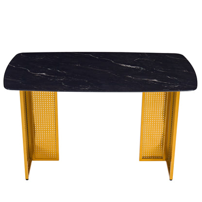 Modern-Style Rectangular Tempered Glass Dining Table for 6, Featuring a Marble-Patterned Design with Golden Hollow-Out Metal Legs, an Ideal Dining Table for Living Rooms and Home Offices.