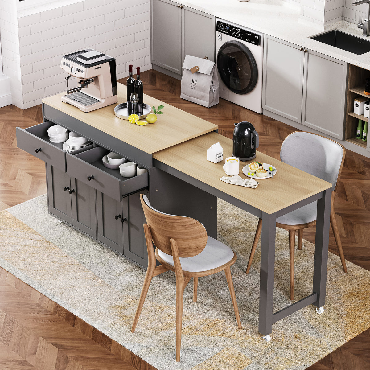 K&K 74.5 inch Kitchen Island with Extendable Dining Table, Rolling Kitchen Island on Wheels with Spice Rack and 2 Drawers, 4 Door Cabinet