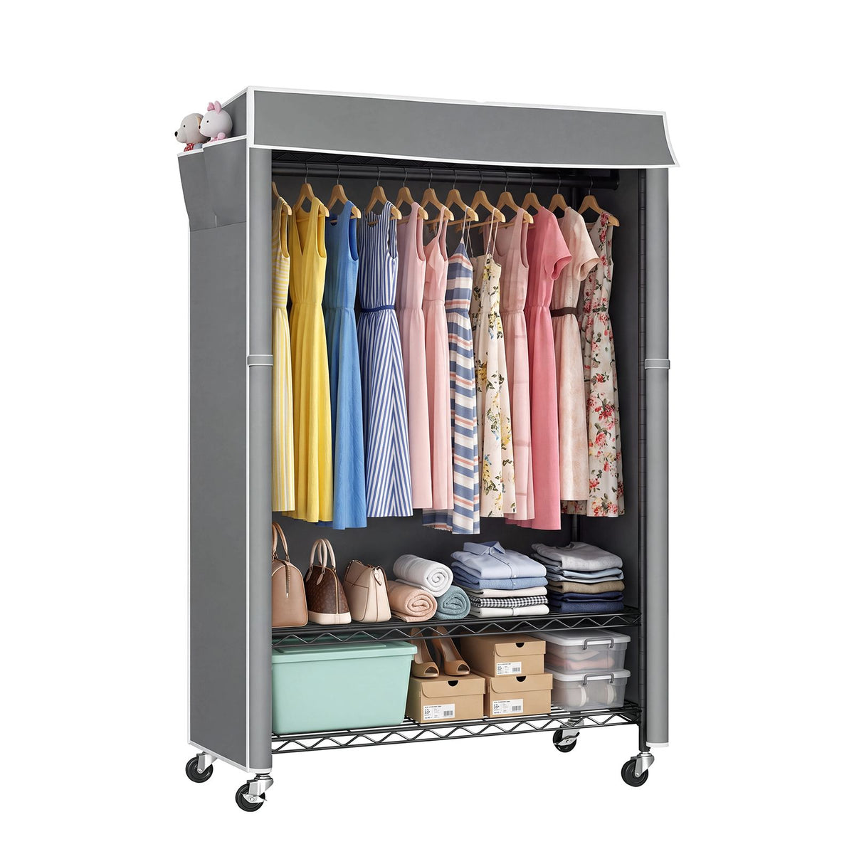Clothes Rack with Cover, Rolling Clothes Rack, Heavy Duty Garment Rack with Shelves & Grey Cover, Clothes Rack with Side Pocket, Portable Closets for Hanging Clothes, 45''W×15.7''D×72.83''H, Black