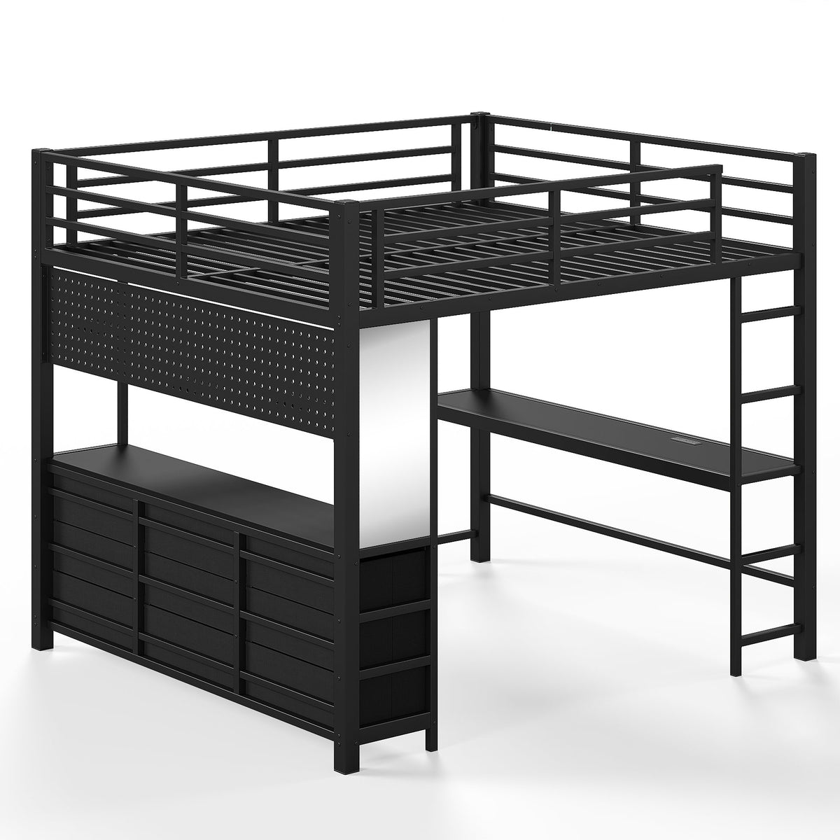 Queen Size Loft Bed with Desk, Loft Bed with Drawers, Loft Bed with Led Light and USB, Sturdy Loft bed Frame, Loft Bed with Mirror, Multi-Functional High Loft Bed for Teens Adults.Black