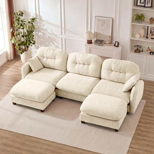 Modular Sectional U Shaped Couch With Ottoman,Premium Chenille Fabric,With 2 Throw Pillows,High-Density Foam  Quilted Pleated Design,Easy Install,Fits Bedrooms,Reading Nooks,Beige