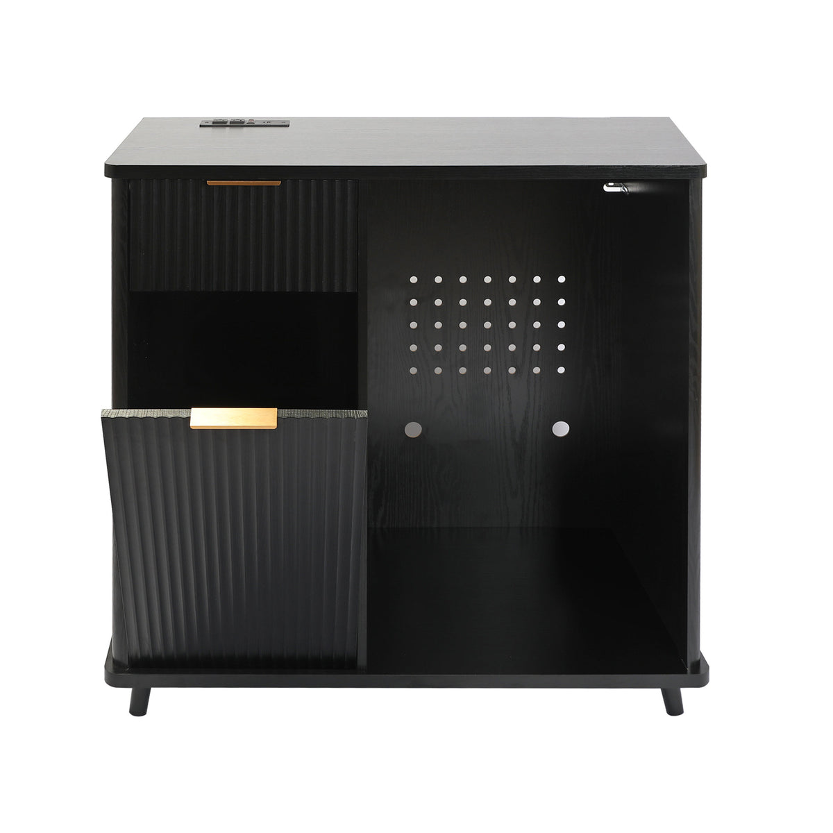 Fluted Coffee Bar Cabinet with Mini Fridge Space & Charging Station, Home Bar Cabinet with Hidden Trash Can Storage & Drawer for Kitchen, Dining Room or Living Room,Black