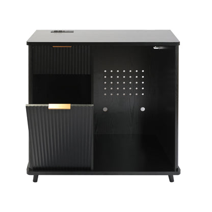 Fluted Coffee Bar Cabinet with Mini Fridge Space & Charging Station, Home Bar Cabinet with Hidden Trash Can Storage & Drawer for Kitchen, Dining Room or Living Room,Black