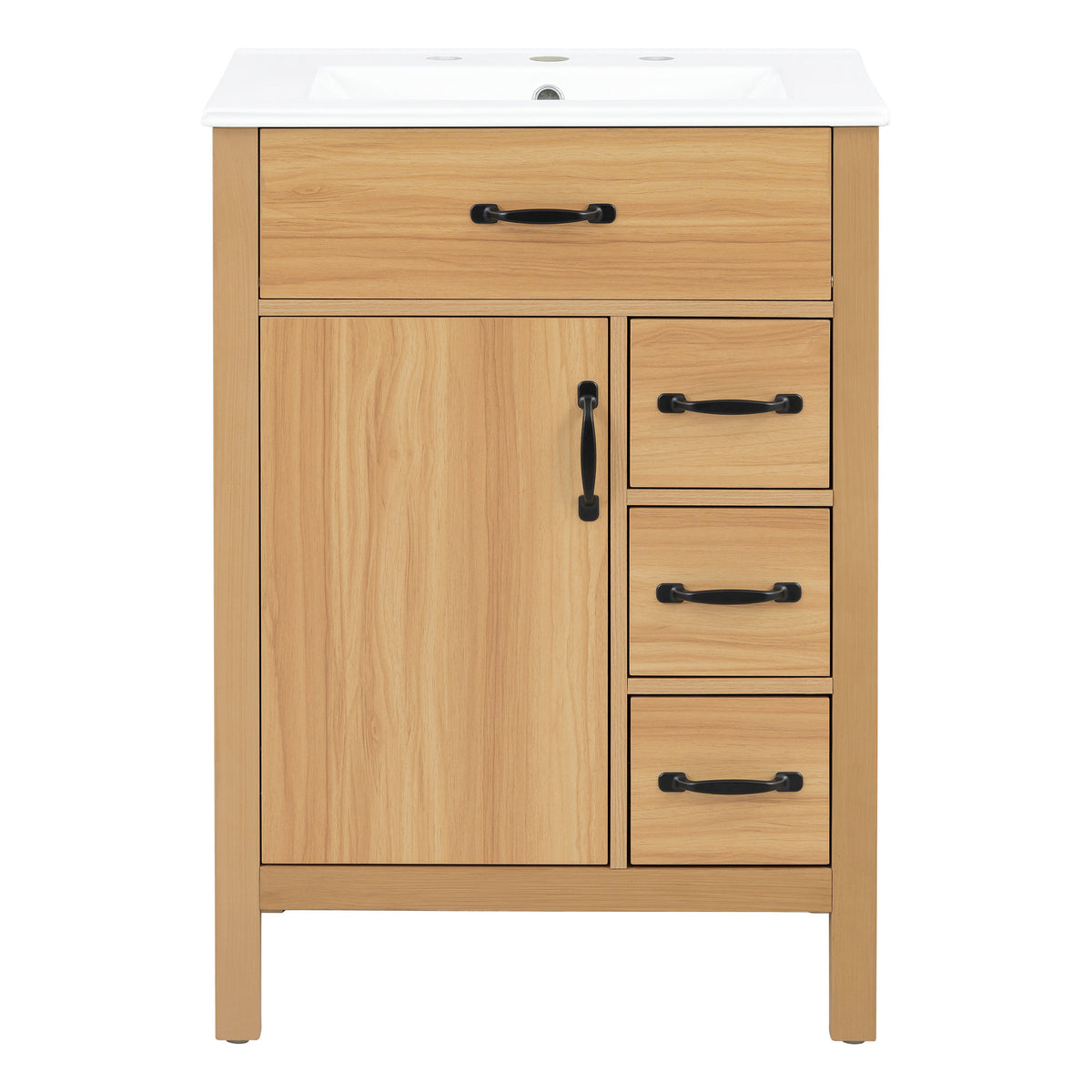 24 Inch Modern Traditional Bathroom Vanity with Ceramic Sink, MDF Cabinet & Solid Wood Legs, Black Zinc Alloy Handles, Wood Grain Melamine Finish