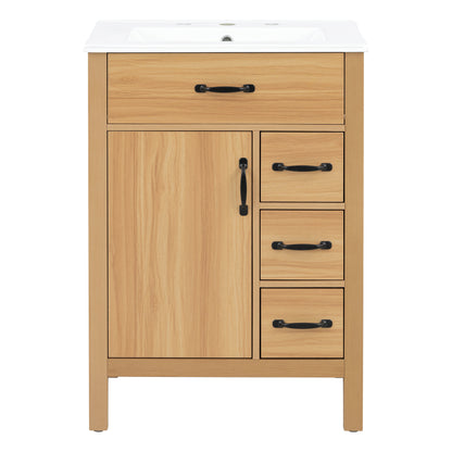24 Inch Modern Traditional Bathroom Vanity with Ceramic Sink, MDF Cabinet & Solid Wood Legs, Black Zinc Alloy Handles, Wood Grain Melamine Finish