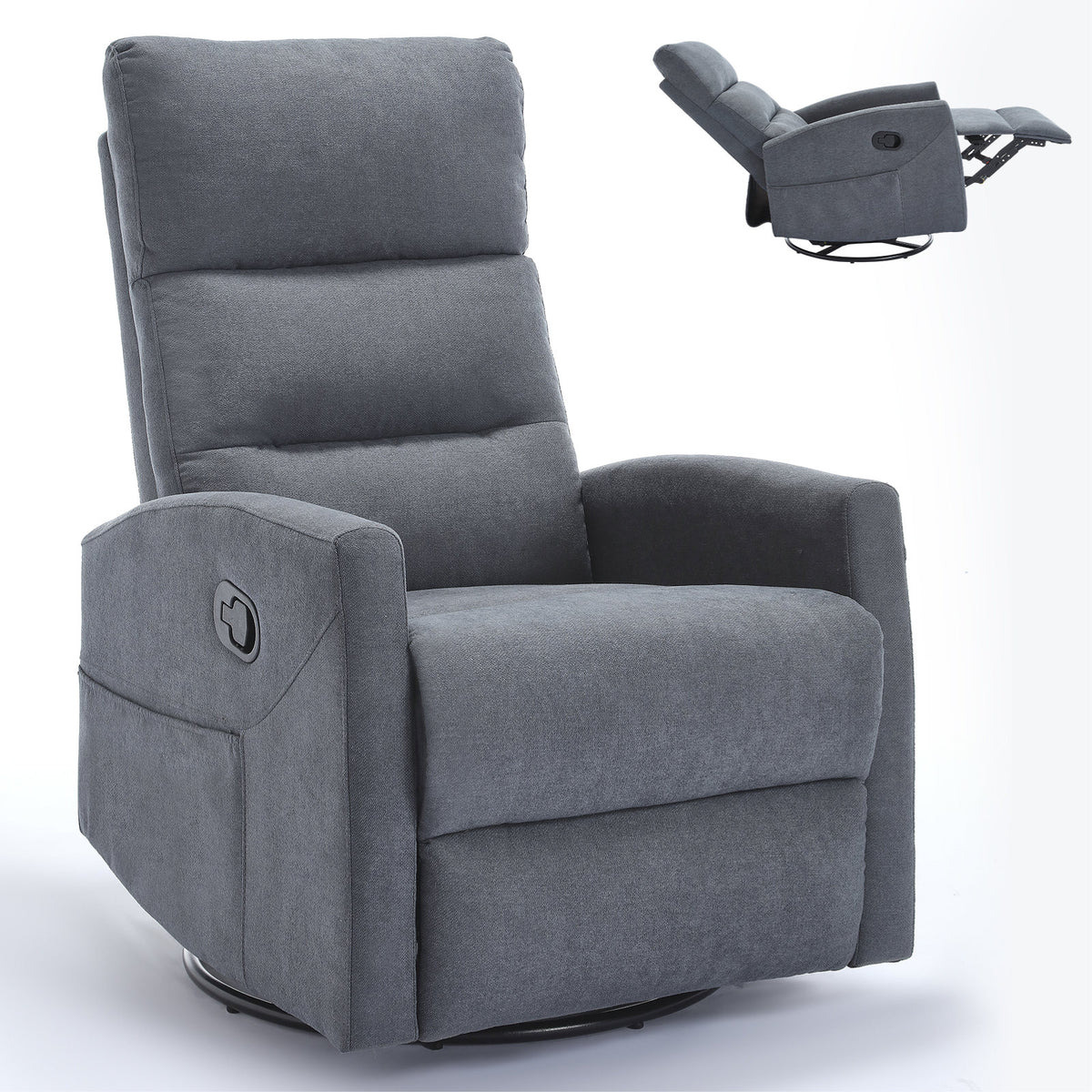 Manual Recliner Chair with Rocker and Swivel in Fabric, Grey