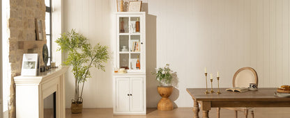 75.25'' Tall Freestanding Pantry Cabinet with Glass Door & Lattice Window, Farmhouse Display Cabinets with Storage, Hutch with Double-Action LH&RH Door, for Hallways, Livingroom Kitchen & Office,White