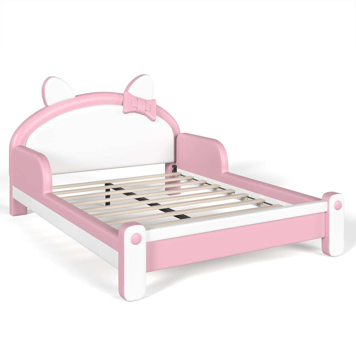 Full Cute Cat Shaped Upholstered Kids Platform Bed, Princess Style Low Profile Children Bed Frame for Bedroom,white&Pink