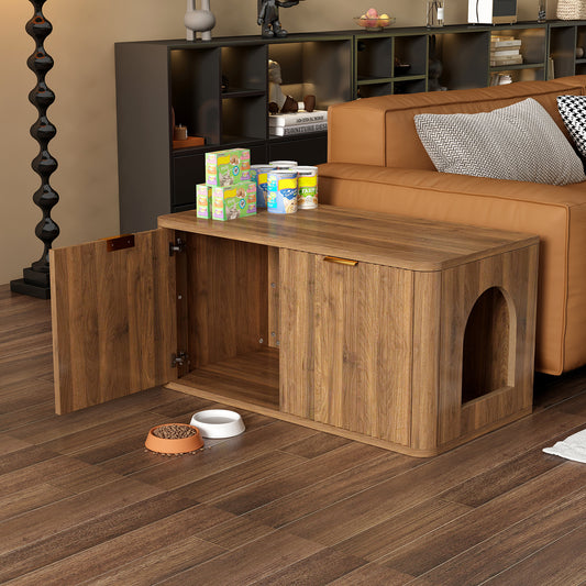 31.5' Walnut Cat Litter Box Enclosure Furniture, Large Decorative Hidden Litter Box Cabinet, Fluted Mid Century Modern Kitty End Table for Living Rooms, Bedrooms, Entryways (WALNUT)