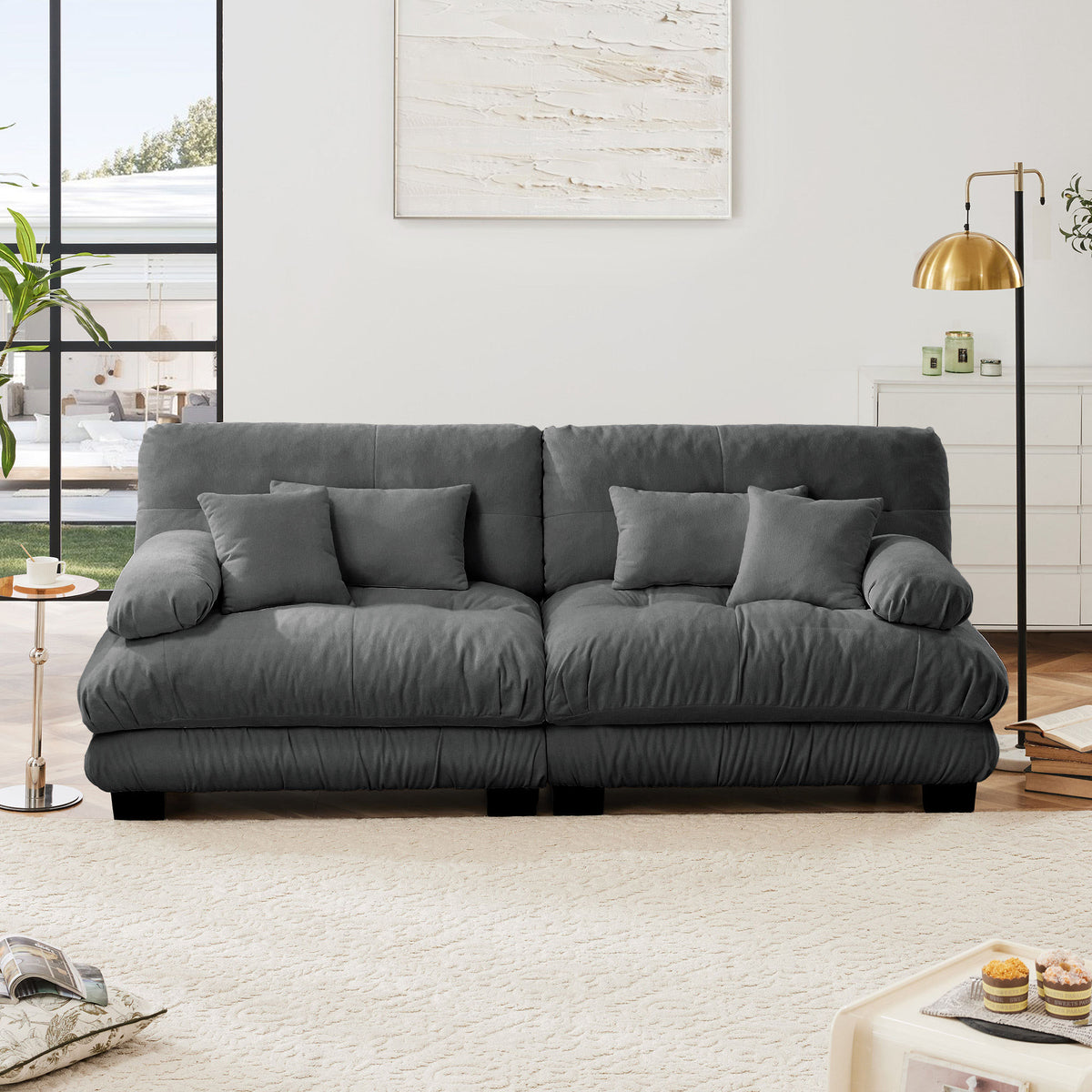 Cloud Couch 2 Seater Sofa, Chenille 2 - Seat sofa with 2 Lumbar pillows and 2 throw pillows, Chenille Gray