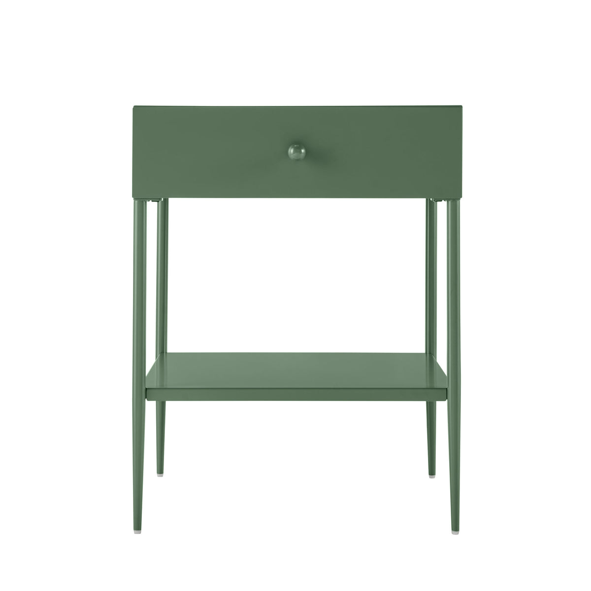 Colette Vintage Green Metal 1-Drawer Nightstand with Bottom Shelf & Tapered Legs