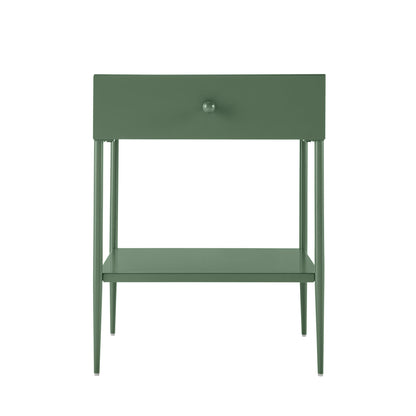 Colette Vintage Green Metal 1-Drawer Nightstand with Bottom Shelf & Tapered Legs