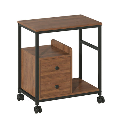 End Table with Wheels & Storage Drawers, Side Table,  Nightstand, Stable Metal Frame, Wood Top, for Bedroom Kitchen Living Room and Office, 14.9"D x 23.6"W x 25.7"H