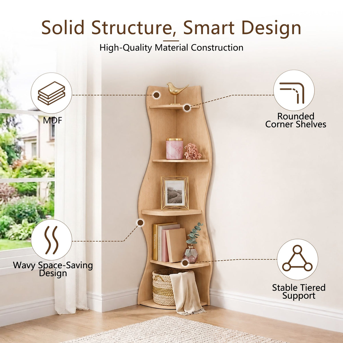 (Old Sku : W5156P534910)5-Tier Corner Shelf, Modern Wavy Corner Bookshelf, Tall Corner Storage Rack for Living Room, Bedroom, Kitchen, Home Office, Space-Saving Display Stand with Rounded Edges