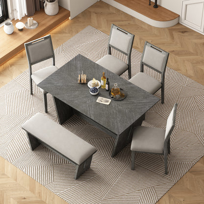 TREXM 6-Piece Retro Dining Table Set for 6, 60" Wood Kitchen Table and Chairs Set of 4 with Bench Designed Trestle Base - Gray – 102.3 Lbs