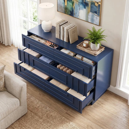 Mid Century 6-Drawer Dresser for Bedroom, 57.2" Wide Modern Push-to-Open Chest of Drawers, TV Stand for Living Room, Thickened Base,Vanity Desk, Drawers Organizer Furniture, Hallway,Deep Sea Blue