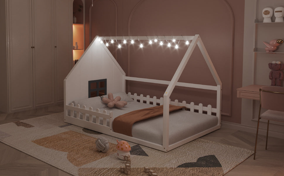 Full Size Wood House Bed with Window and Fence, White (Old SKU: WF304147AAK)