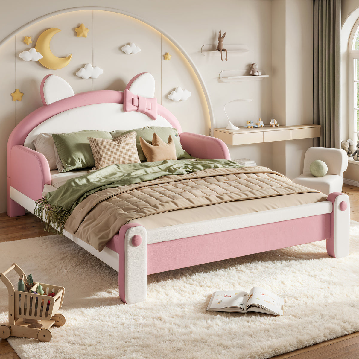 Full Cute Cat Shaped Upholstered Kids Platform Bed, Princess Style Low Profile Children Bed Frame for Bedroom,white&Pink