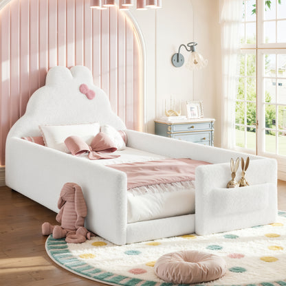 Twin Size Upholstered Floor bed, LowtoGround floor bed, Soft Padded Upholstered Kids bed, Safe Children Bed Frame with Side Storage Pocket for Kids.White