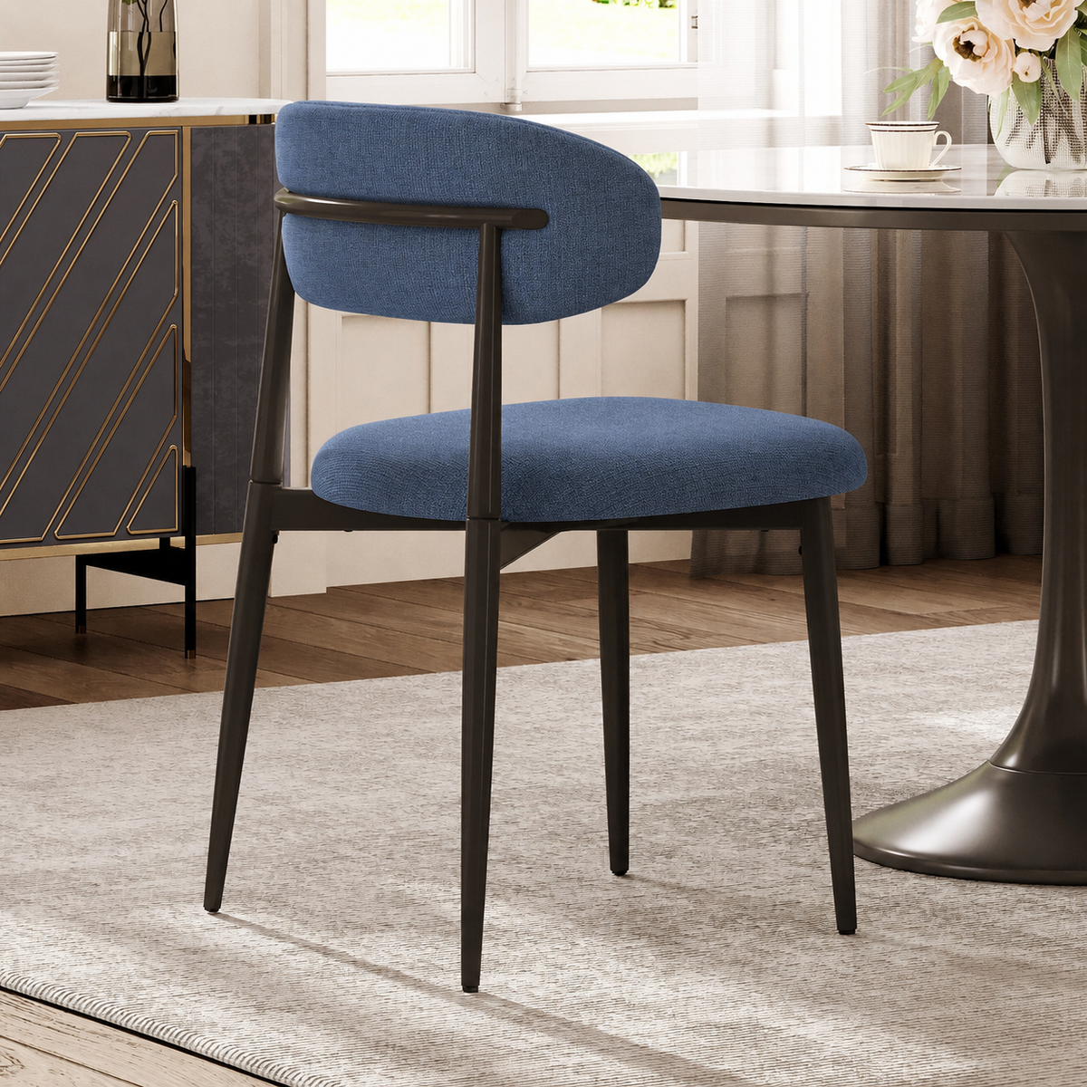 Dining Chairs Set of 2, Metal Kitchen Chairs with Modern Linen Fabric Upholstered for Dining Room, NAVY Seat