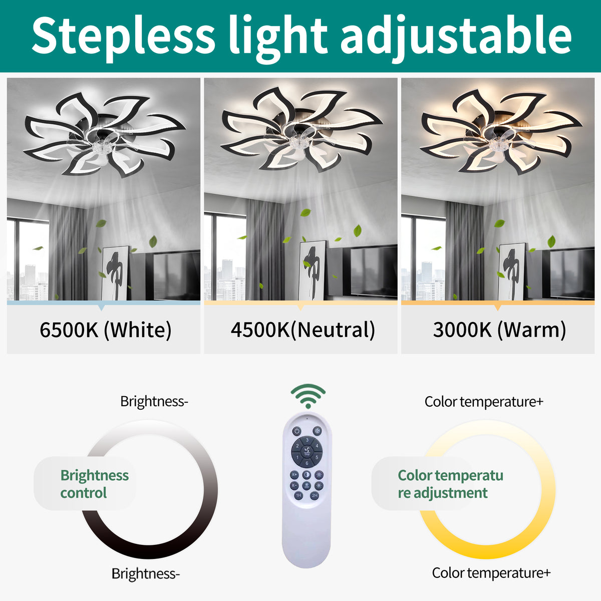 Black Flower Modern Ceiling Fan with LED Dimmable Light, 32inch Flush Mount Ceiling Fan with Remote Control for Bedroom, High-Efficiency DC Motor, 6-Speeds, Timing Function