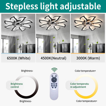 Black Flower Modern Ceiling Fan with LED Dimmable Light, 32inch Flush Mount Ceiling Fan with Remote Control for Bedroom, High-Efficiency DC Motor, 6-Speeds, Timing Function