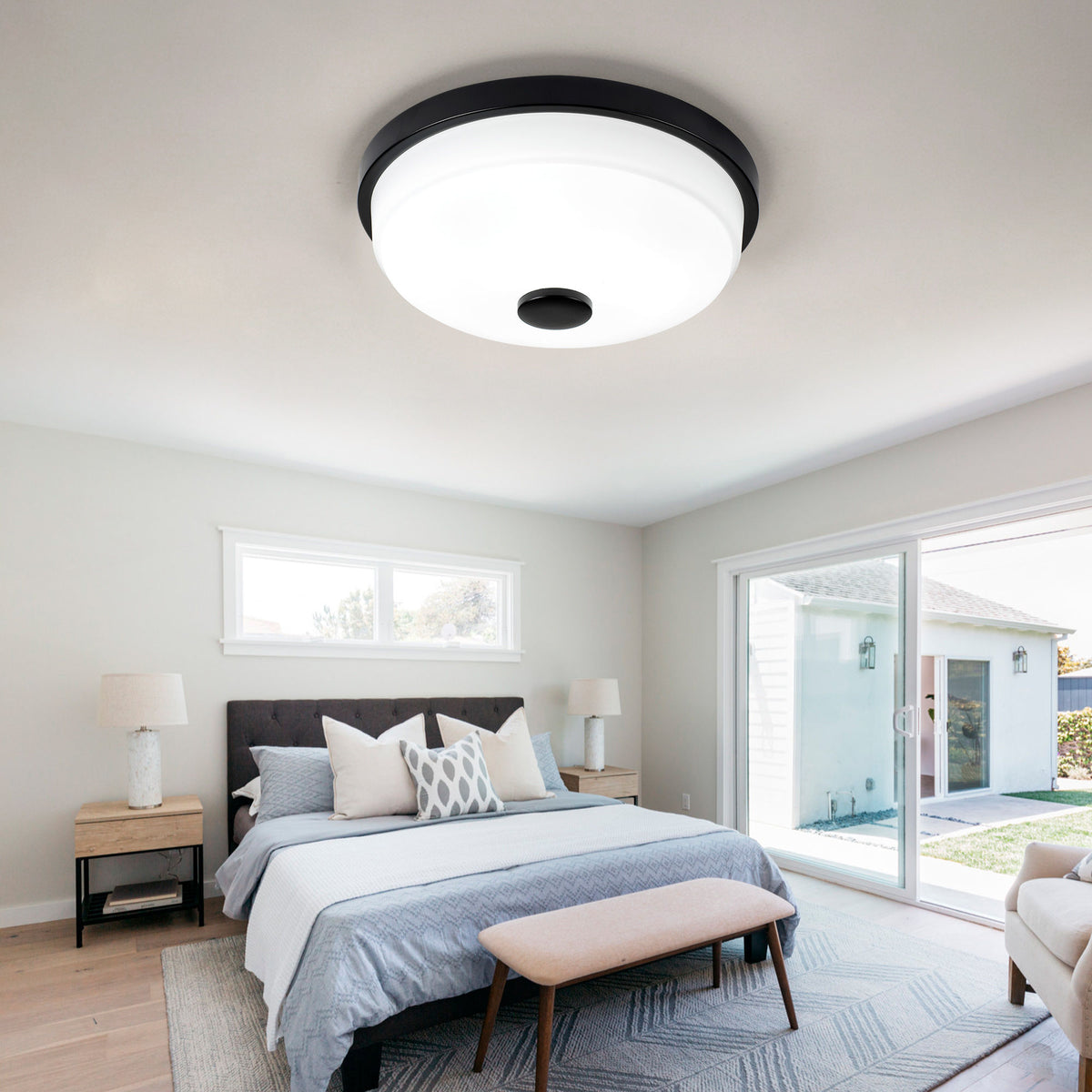 10.83" 2-Pack Flush Mount LED Ceiling Light, Black, 15W Dimmable with Remote Control, Metal Base & Glass Shade, CRI>90