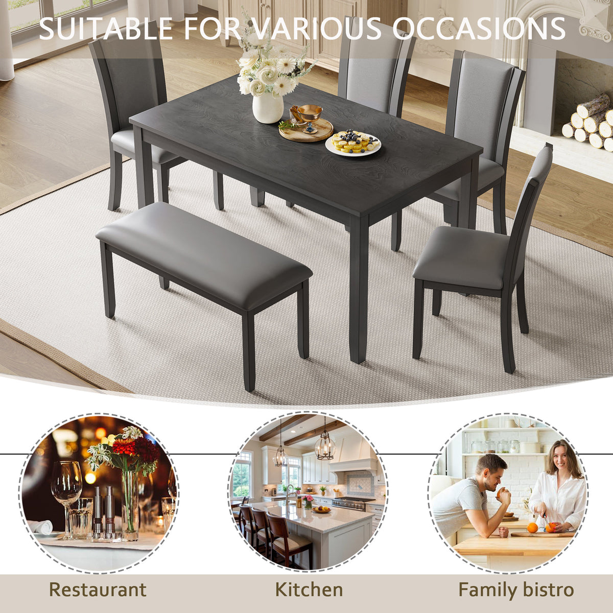 Modern 6-Piece Dining Table Set with Bench and Chairs for Dining Room or Kitchen – Grey