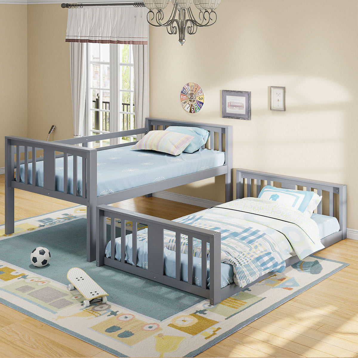 Twin Over Twin Bunk Bed with Ladder, Gray (Old SKU:N708P242163E)