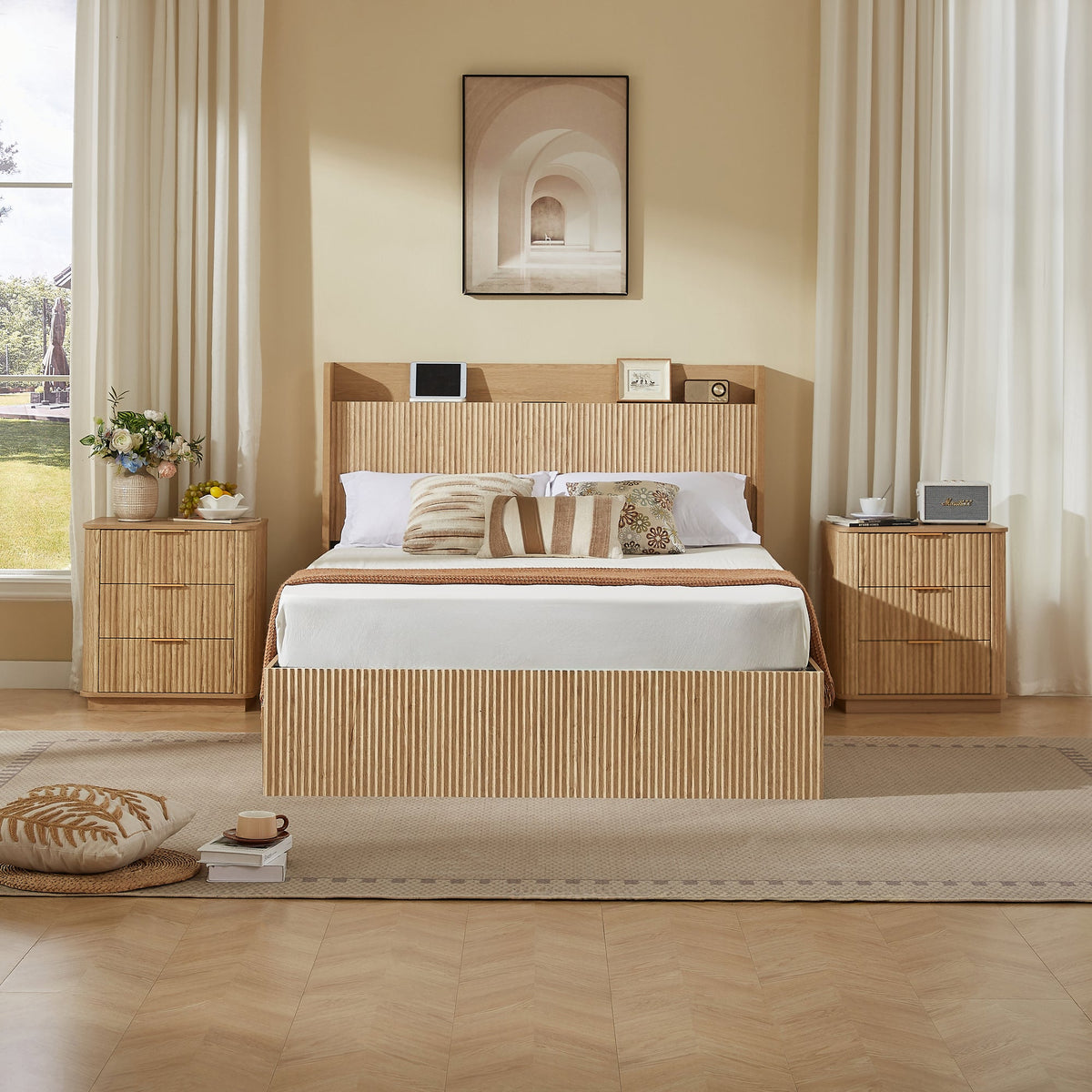 Queen Size Platform Bed Frame with 4 Storage Drawers and Built-in Charging Station, Wooden Storage Box Bed, Large Capacity Organizer Bed Frame for Bedroom,Natural