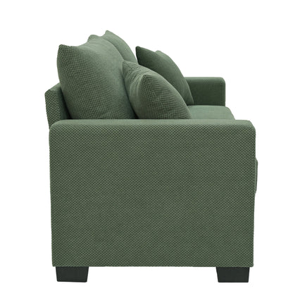69-inch two-seater  Sofa with Textured Fabric, Comfortable Upholstered Couch with 2 Throw Pillows and Sturdy Plastic Legs for Living Room, Apartment, Office,  Dark Green