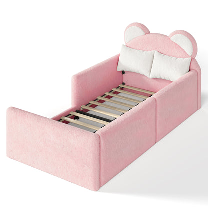 Twin Upholstered Kids Bed, Cute BearShaped Upholstered Floor bed, Children Bed Frame with Removable MagicTape Headboard, Low Floor Bed for Kids,White&Pink